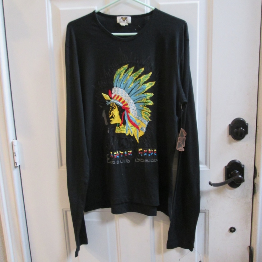 new ANTIK DENIM black  Tribe Indian Design long sleeves pull over T shirt Sz L